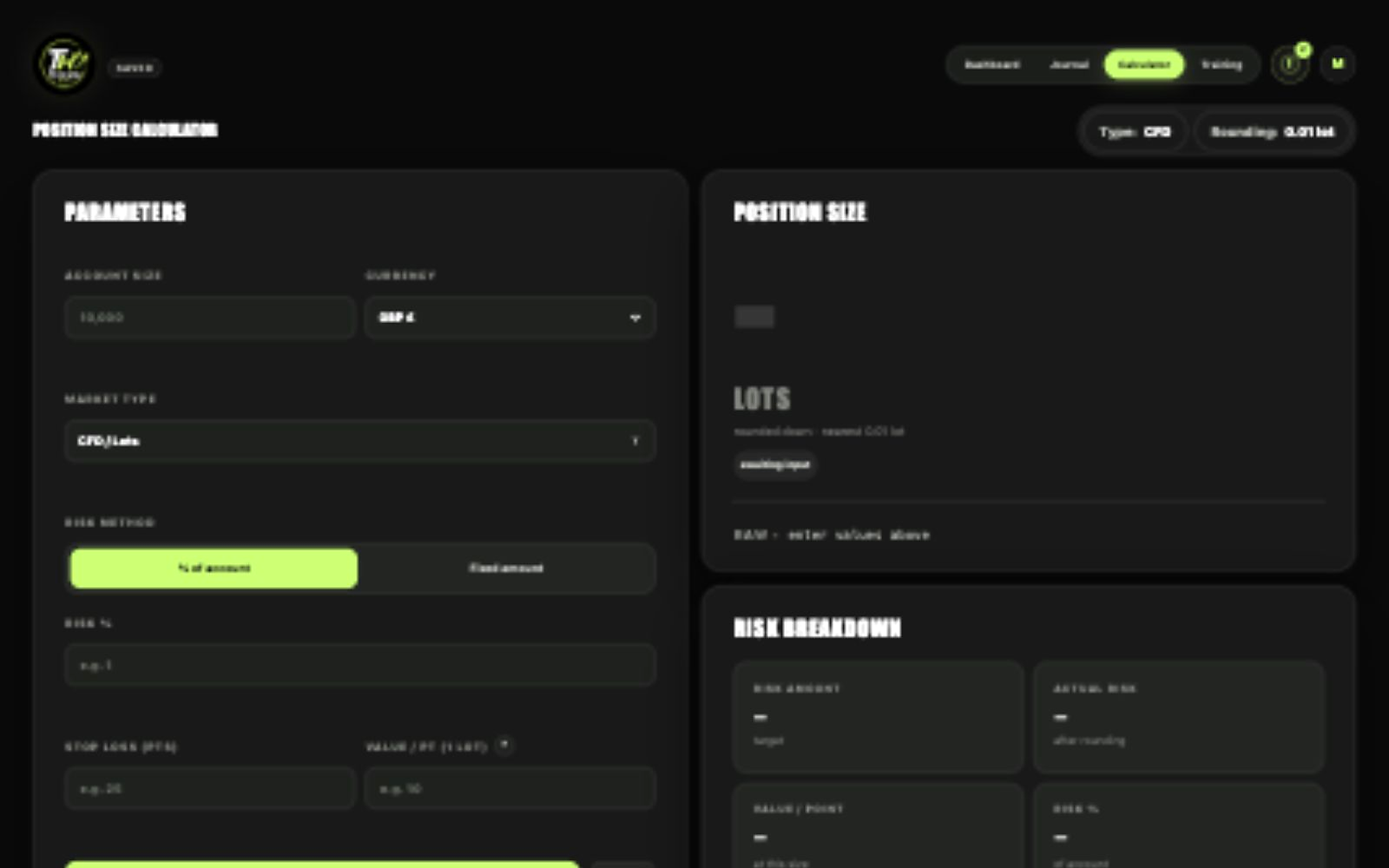 Traders Hub position size calculator